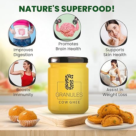 GRANULES Pure Cow Ghee 500ml | Natural Desi Ghee | Premium Cow Ghee | Organic Pure Ghee | Traditional Method | Authentic Ghee for Cooking | Healthy & Flavorful | Ghee Cow 500ml Glass Jar - Pack of 2 GRANULES Pure Cow Ghee 500ml | Natural Desi Ghee | Premium Cow Ghee | Organic Pure Ghee | Traditional Method | Authentic Ghee for Cooking | Healthy & Flavorful | Ghee Cow 500ml Glass Jar - Pack of 2