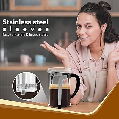 AGARO Classic French Press Coffee And Tea Maker, Borosilicate Glass Body With Sleeves, Glass Carafe, BPA Free Plastic Lid Strainer, 600Ml