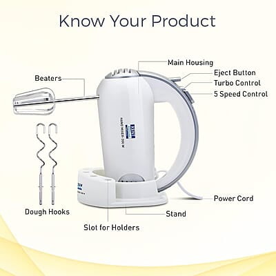KENT 16051 Hand Blender 300 W | 5 Variable Speed Control | Multiple Beaters & Dough Hooks | Turbo Function, Plastic, 300 Watts