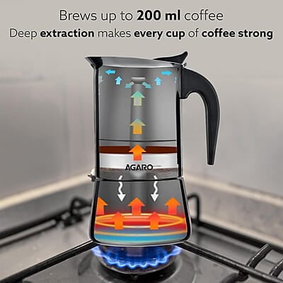 AGARO Royal Moka Pot, Stovetop & Induction Cooktop Classic Espresso & Coffee Maker, 200 Ml