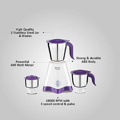 Preethi Crown Pro MG-254 Mixer grinder, 600 watt, White/Purple, 3 Jars with 5yr Motor Warranty & Lifelong Free Service