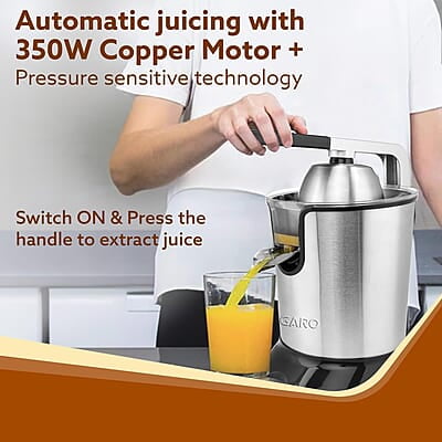 AGARO Regency Electric Citrus Juicer 350W, 650 ml, Pulp Regulator, AC Copper Motor, 2 Cones For All Citrus fruits, 2 filters, Anti Drip, Stainless Steel Body, Silver & Black