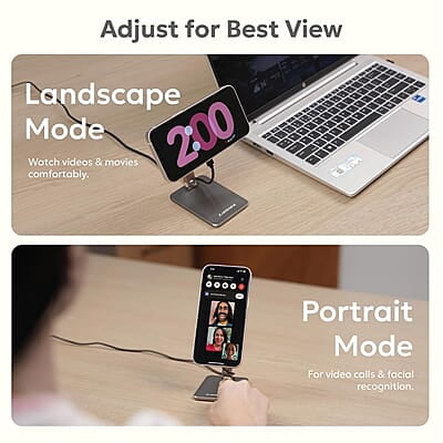 Ambrane 15W MagSafe Wireless Charger & Mobile Stand Lightweight & Foldable for iPhone 15/15 Plus/15 Pro/15 Pro Max, iPhone 12/13/14 Series & Other Qi Devices + Magnetic Ring Aerosync S1