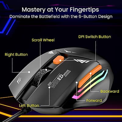 Portronics Vader Wired Gaming Mouse with 6 Buttons, Thumb Support, Adjustable DPI (6400 Max), RGB Light Effects, Ergonomic Design, 1.5 m Long USB Cable for Laptop & PC