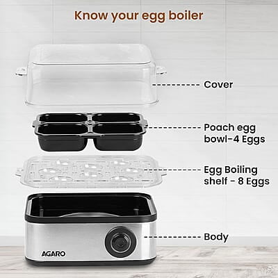 AGARO Grand Egg Boiler and Poacher,2-in1 Boils 8 Eggs, Poach 4 Eggs, Steamed Vegetables, 3 Boiling Modes, Stainless Steel Body, Transparent Lid, 500 Watts, Silver 14 ounces