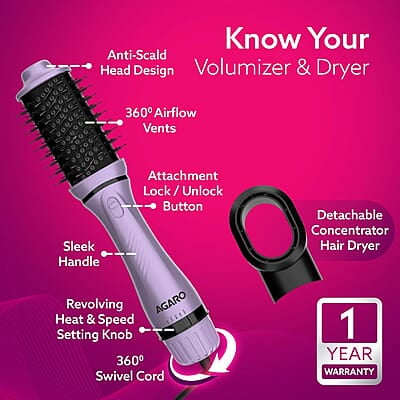 AGARO HV2179 Lite 2 in 1 Hair Volumizer Brush + Hair Dryer for Women, 1200W Motor 360 Degree Air Flow