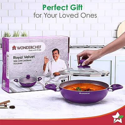 Wonderchef Royal Velvet Non-stick 26cm Kadhai with Lid and Handles 3 mm thick Wonderchef Royal Velvet Non-stick 26cm Kadhai with Lid and Handles 3 mm thick