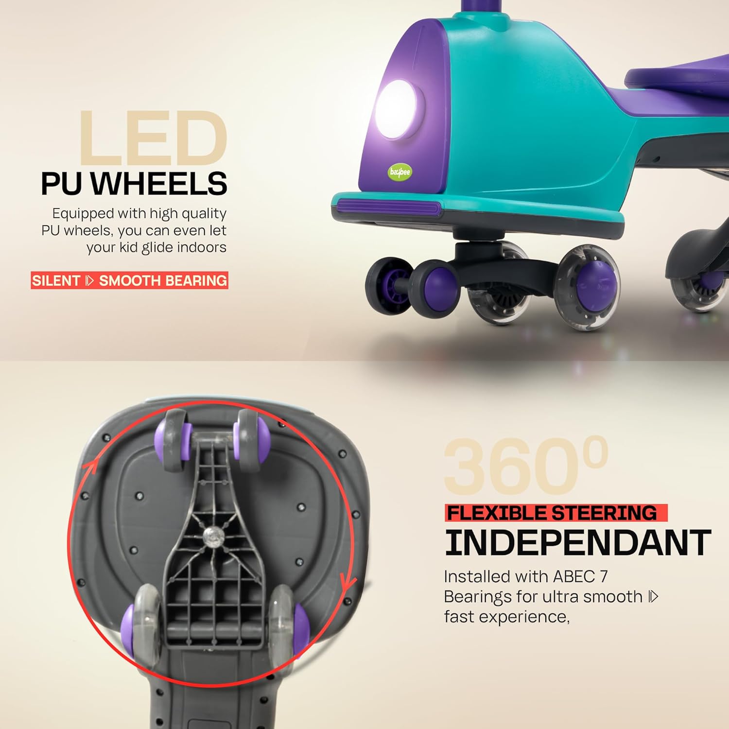 Baybee Nord Kids Magic Swing Car for Kids- Green/Violet