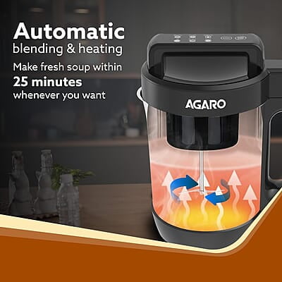 AGARO Elite Soup Maker, 1 Litre, Automatic Blending & Heating,6 Preset Cooking Functions, Copper Motor, Stainless Steel Blades, Grey