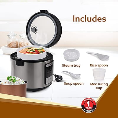 AGARO Royal Electric Rice Cooker, 5L Ceramic Coated Inner Bowl, Steam Basket, 6 Preset Cooking Function