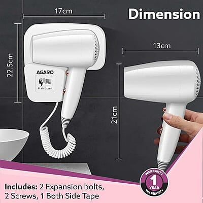 AGARO HD1417 Wall Mounted Hair Dryer 1400W, Electric Wall Mount Hair Dryer