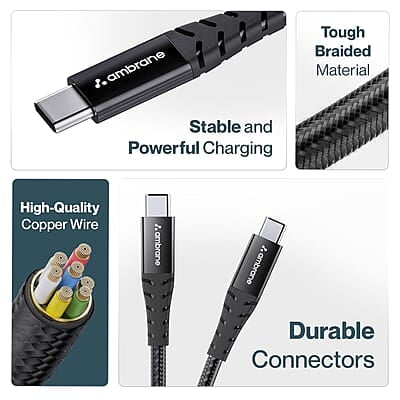Ambrane 100W Type-C To Type-C Fast Charging Cable Compatible With iPhone 15,Samsung,Oneplus,Google Pixel,Laptop,Macbook&Type C Devices,480Mbps Data Sync,Braided Cable,1.5M Length(Abcc-100