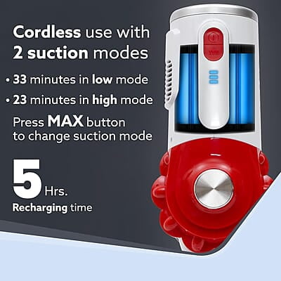 AGARO Regency Cordless Stick Vacuum Cleaner, Dry Vacuuming, 2 Suction Modes, 7 kPa Suction Power