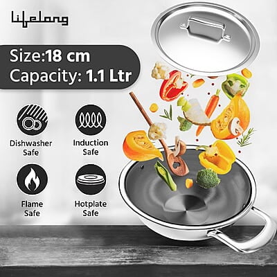 Lifelong LLTPDK006 Triply Deep Kadai with Riveted Handles with Stainless Steel Lid 1.1 litres Capacity