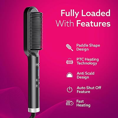 AGARO Hair Straightening Brush, Hair Straightening Comb For Women, Fast Heating, Ionic Care, 5 Heat Settings, Hair Straightener
