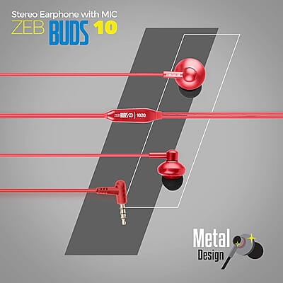 Zebronics Zeb-Buds 10 In Ear Wired Earphones with Mic, Metallic Design, L Shaped Connector, 13.5mm NdFeb Drivers