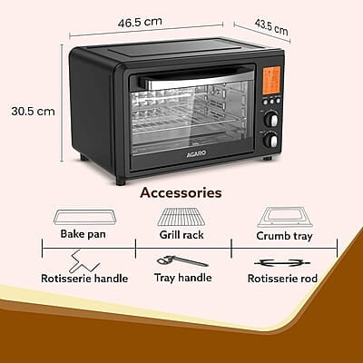 Agaro Imperial Digital Oven Toaster Griller, 28 Litres, 10 Preset Cooking Function, Convection Function, Motorized Rotisserie, Backlit Lcd Display, Black - 1500 Watts