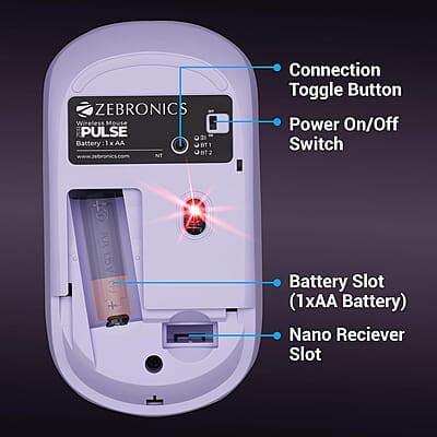 ZEBRONICS Pulse Wireless Mouse, Multi Connectivity, Dual Bluetooth, for Mac, Laptop, Computer, Tablet, 2.4GHz, 1200 DPI, Comfortable & Lightweight
