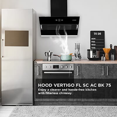 Faber 75 cm 1200 m3/hr Slant, Filterless Auto Clean Chimney talian Design (HOOD VERTIGO FL SC AC BK 75