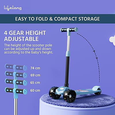 Lifelong Scooter for Kids 3+ Years - Foldable Kids Scooter with LED Wheels & Adjustable Height - Kick Scooter Capacity 50kg