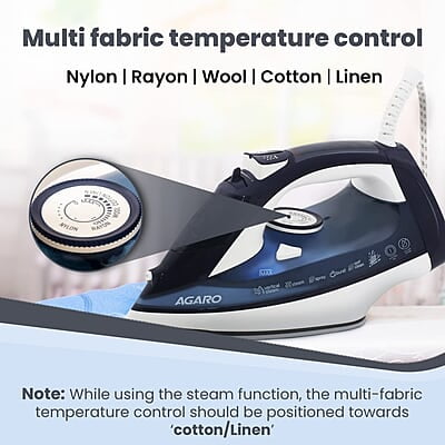 AGARO Royal Steam Iron, 2000W, Ceramic Coated Sole Plate, Fast Heating, 360 degree 320 Ml Water Tank