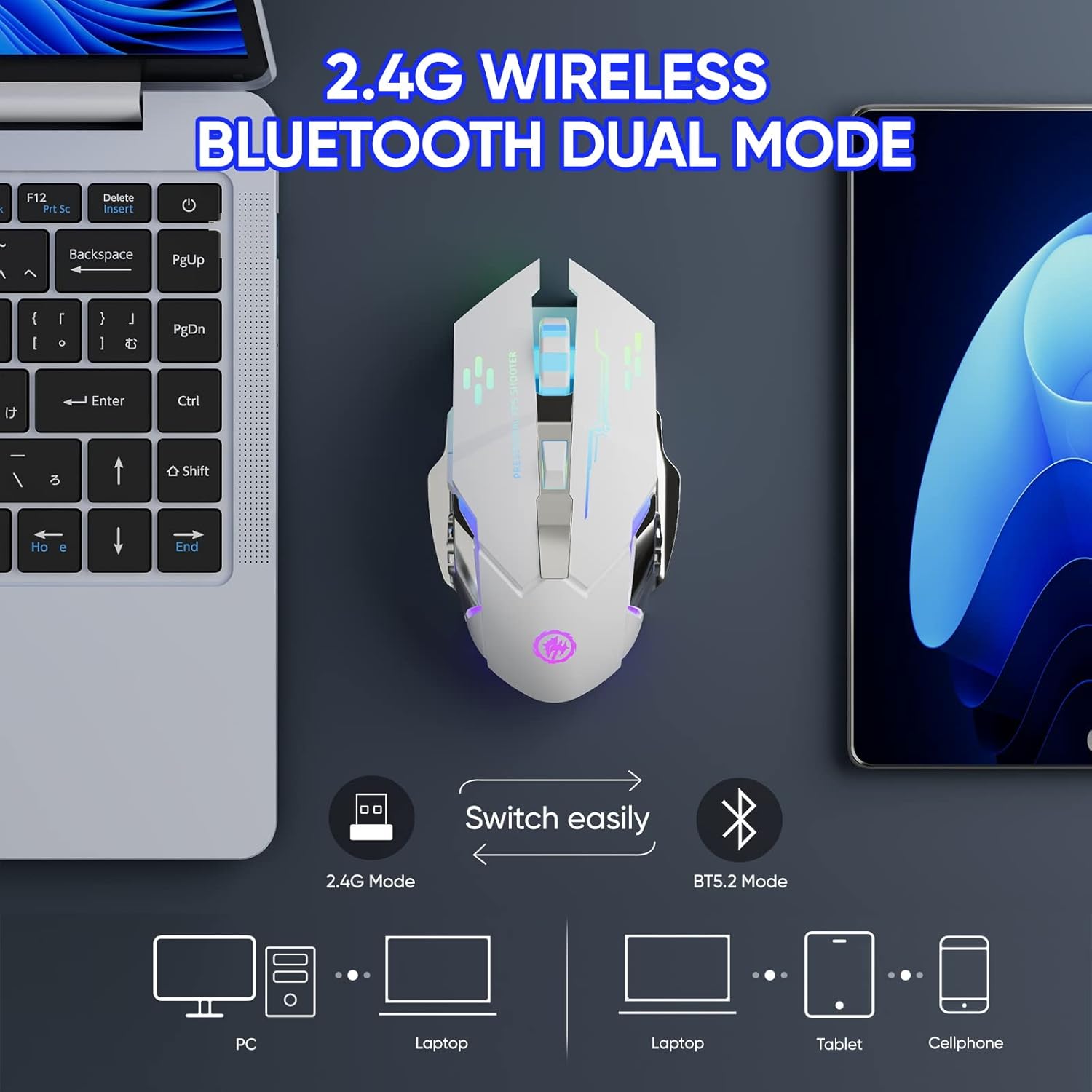 Wireless Gaming Mouse AD-WB-148, Bluetooth RGB Rechargeable, 2.4G USB, 7-Color Backlit, 6 Buttons and Silent Click for Laptop, PC, Mac Wireless Gaming Mouse AD-WB-148, Bluetooth RGB Rechargeable, 2.4G USB, 7-Color Backlit, 6 Buttons and Silent Click for Laptop, PC, Mac