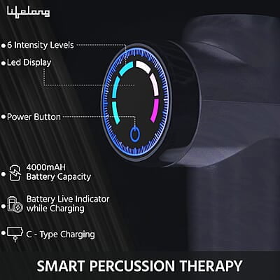 Lifelong Gun Massager for Pain Relief with 8 Massage Heads & LCD Touch Display - Battery Powered - Deep Tissue Massage with 6 Speed