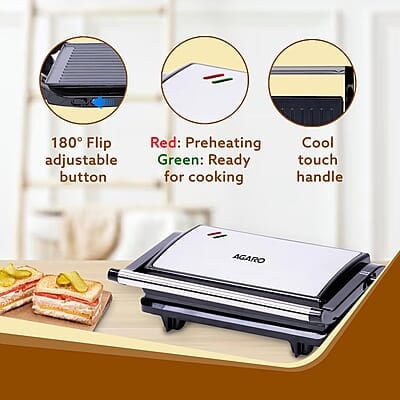 AGARO Deluxe 750 Watts Sandwich/Panini Maker With Non-Stick Grill Plates, 180° Flat Openable Plates AGARO Deluxe 750 Watts Sandwich/Panini Maker With Non-Stick Grill Plates, 180° Flat Openable Plates