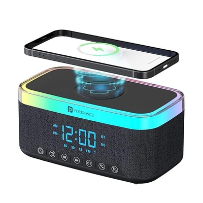 Portronics Trifusion 16W HD Sound Bluetooth Speaker with 15W Wireless Charging, 360°RGB LED Lights, Digital Clock with Alarm Setting, Built-in White Noise, USB/SD Card/AUX in, Type C Charging(Black) Portronics Trifusion 16W HD Sound Bluetooth Speaker with 15W Wireless Charging, 360°RGB LED Lights, Digital Clock with Alarm Setting, Built-in White Noise, USB/SD Card/AUX in, Type C Charging(Black)