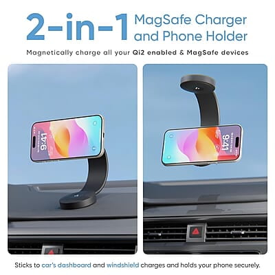 Ambrane 15W Qi-2 Car Dashboard Magnetic Wireless Car Charger for iPhone 15/15 Pro/15 Pro Max, iPhone 14/14 Pro/14 Pro Max, iPhone 13/12, Samsung & Other Qi-2 Device + Magnetic Ring