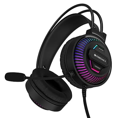 ZEBRONICS Jupiter 3.5mm Premium Gaming Over Ear Headphone with 50mm Neodymium Drivers, Extra Soft Ear Cushion,Suspension Headband, Braided Cable,Volume Controller, Multicolor Lights, Pop Filter