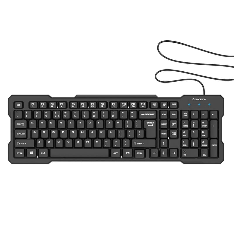Ambrane Wired Keyboard, 104 Key with Membrane Switch Quick, 12Fn Shortcut Keys, Plug and Play USB Connection Compatible with PC, Mac, Laptop, Comfy and Ergonomically Design
