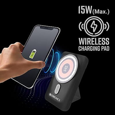 ZEBRONICS MW62 Wireless Power Bank, 10000 mAh, Rapid Charge, Built-in Wireless Charging Pad, Outputs - 22W Wired | 15W Wireless, Type C I/O | USB Output, Built-in Foldable Stand