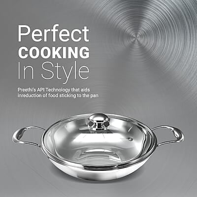 ‎Preethi Metallica Collection Triply Stainless Steel Kadai with Glass Lid, 28 cm, Gas & Induction