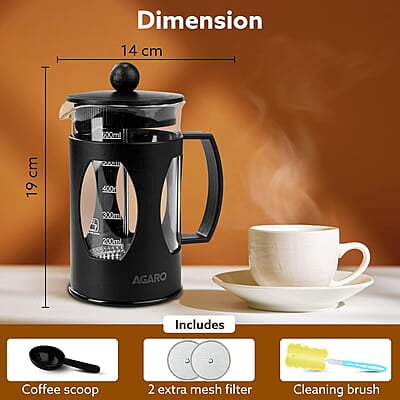 AGARO Elite French Press Coffee And Tea Maker, Borosilicate Glass Body With Sleeves, Glass Carafe, BPA Free Plastic Lid Strainer, 600Ml