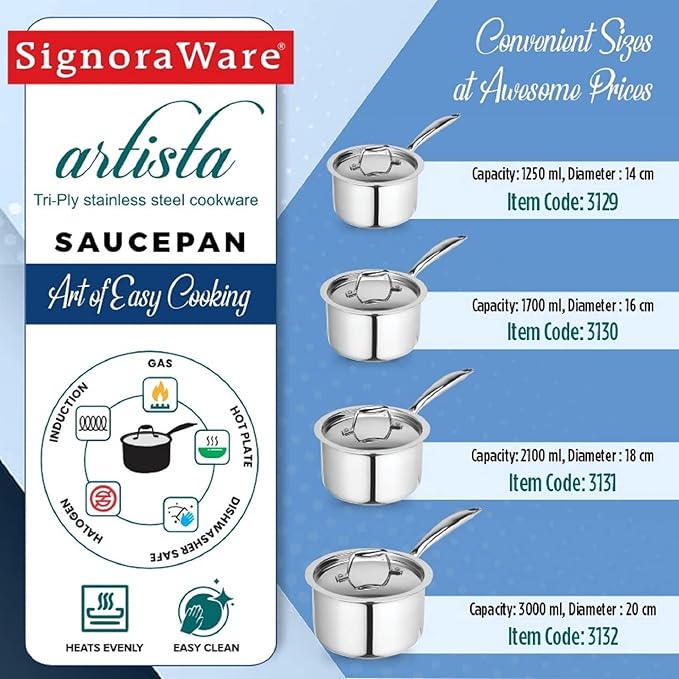 Signora Ware Artista Tri- play Sauce Pan Witht Lid 3000 ML (20CM) Signora Ware Artista Tri- play Sauce Pan Witht Lid 3000 ML (20CM)