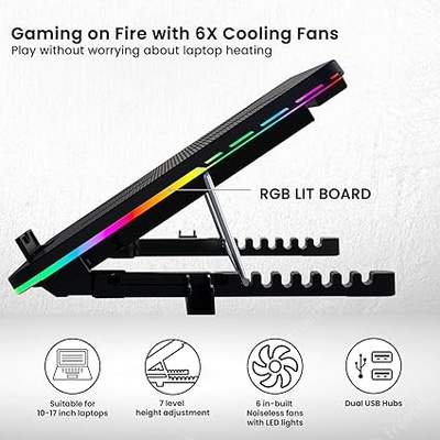Portronics My Buddy Air Cooling Pad Laptop Stand with 6 Cooling Fans, RGB Lights, 7 Adjustable Heights, Mobile Stand for Upto 17 Inches Laptop (Black) Portronics My Buddy Air Cooling Pad Laptop Stand with 6 Cooling Fans, RGB Lights, 7 Adjustable Heights, Mobile Stand for Upto 17 Inches Laptop (Black)