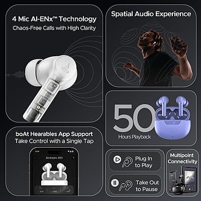 boAt Newly Launched Airdopes 300 Premium Truly Wireless in-Ear Earbuds with 4 Mics AI-ENx Spatial Audio, 50HRS Playtime, Multipoint Connection, ASAP Charge, Hearables App Support