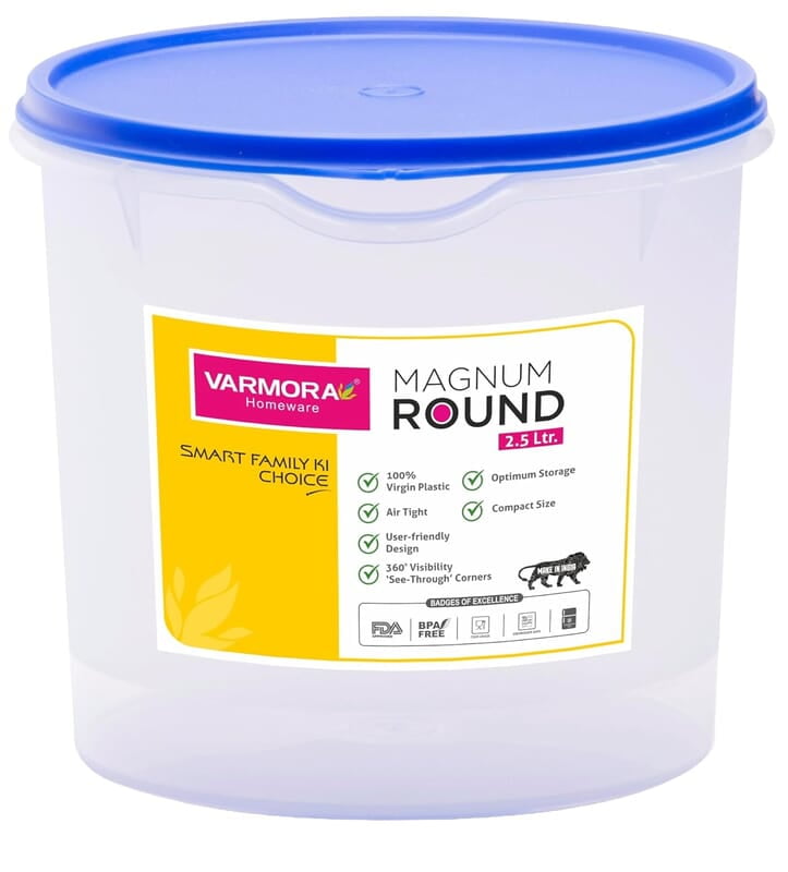 Varmora Magnum Round Smart Kitchen Storage Plastic Container – Blue Lid (2.5 Litres) (Pack of 1) Varmora Magnum Round Smart Kitchen Storage Plastic Container – Blue Lid (2.5 Litres) (Pack of 1)