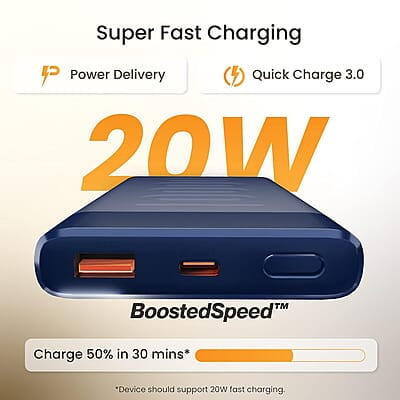 Ambrane 10000mAh Slim Power Bank, 20W Fast Charging, Dual Output, Type C PD (Input & Output), Quick Charge