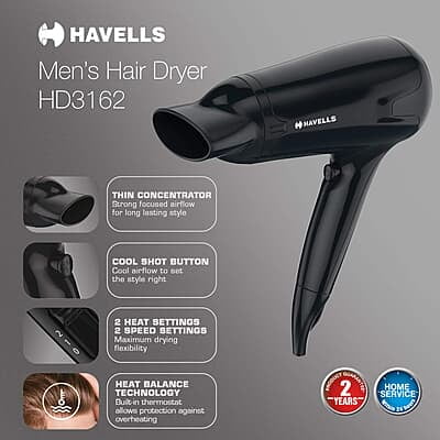 Havells HD3162 Men's 1565 Watts Powerful Hair Dryer with Thin Concentrator and Cool