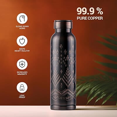 MILTON Copper Swasth Water Bottle, 940 ml, Black Ethnic Lacquer Coating, Curved bottle