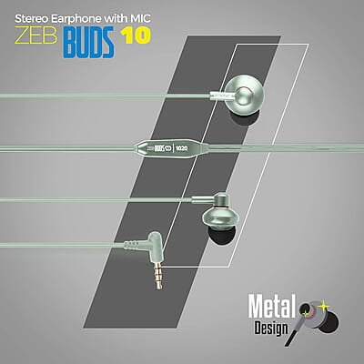 Zebronics Zeb-Buds 10 In Ear Wired Earphones with Mic, Metallic Design, L Shaped Connector, 13.5mm NdFeb Drivers