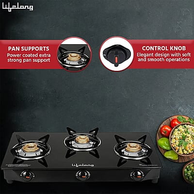 Lifelong 3 Burner Gas Stove Top for Kitchen - Manual Ignition Cooktop Modern Glass Stove for Modular Kitchen, ISI Certified Lifelong 3 Burner Gas Stove Top for Kitchen - Manual Ignition Cooktop Modern Glass Stove for Modular Kitchen, ISI Certified