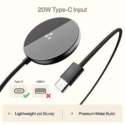 Ambrane 15W Qi-2 & Magsafe Wireless Charger with 60W Type C Cable for iPhone 15/15 Pro/15 Pro Max,iPhone 14/14 Pro/14 Pro Max,iPhone 13/12,Samsung & Other Qi-2 Device + Magnetic Ring