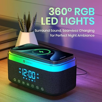 Portronics Trifusion 16W HD Sound Bluetooth Speaker with 15W Wireless Charging, 360°RGB LED Lights, Digital Clock with Alarm Setting, Built-in White Noise, USB/SD Card/AUX in, Type C Charging(Black) Portronics Trifusion 16W HD Sound Bluetooth Speaker with 15W Wireless Charging, 360°RGB LED Lights, Digital Clock with Alarm Setting, Built-in White Noise, USB/SD Card/AUX in, Type C Charging(Black)