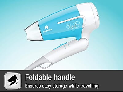 Havells 1200 Watts Foldable Hair Dryer; 3 Heat Settings With Cool Shot (Hot/Cool/ Warm), Heat Balance Technology