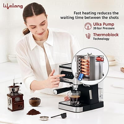Lifelong Digital Espresso Coffee Maker -1350W Coffee Machine, 20 Bar Pressure Pump, Steam Band