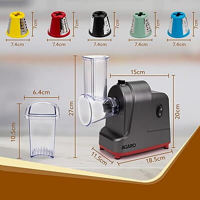 AGARO Marvel Electric Grater & Slice Machine,250W Professional Electric Cheese Grater,Automatic Electric Grater for for Fruits, Cheeses & Vegetables, 5 Free Attachments, Grey & Red AGARO Marvel Electric Grater & Slice Machine,250W Professional Electric Cheese Grater,Automatic Electric Grater for for Fruits, Cheeses & Vegetables, 5 Free Attachments, Grey & Red