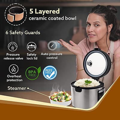 AGARO Royal Electric Rice Cooker, 5L Ceramic Coated Inner Bowl, Steam Basket, 6 Preset Cooking Function